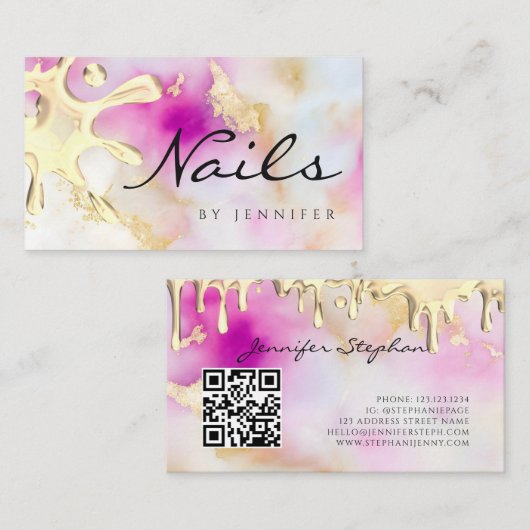 Gold Polish Splash Drip Nails QR Code Waterverf Visitekaartje (Voorkant / Achterkant)