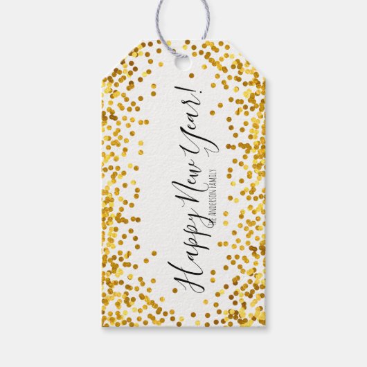 Gold Polka Dot Confetti Happy New Year Gift Labels Cadeaulabel (Voorkant)