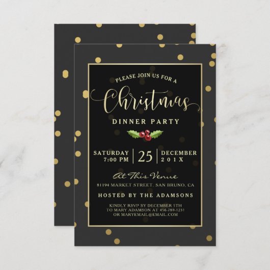 Gold Polka Dot Confetti Kerstfeest Uitnodigen Kaart (Voorkant / Achterkant)