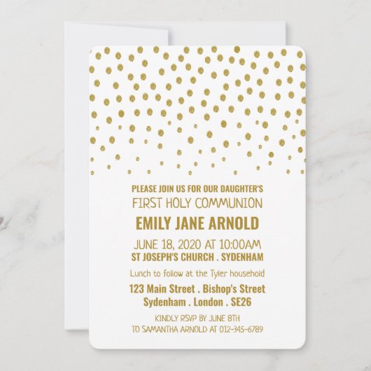 Gold Polka Dot, eerste Heilige Communie Kaart (Voorkant)