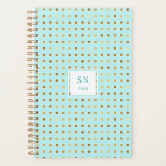 Gold Polka Dot Pattern op Mint Green met Monogram Planner (Voorkant)