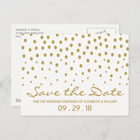 Gold Polka Dot - White & Gold - Sla de datum op Aankondigingskaart (Voorkant / Achterkant)