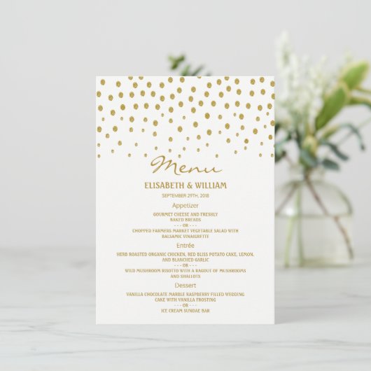 Gold Polka Dot - White & Gold - Weddenschap Menu (Staand voorkant)