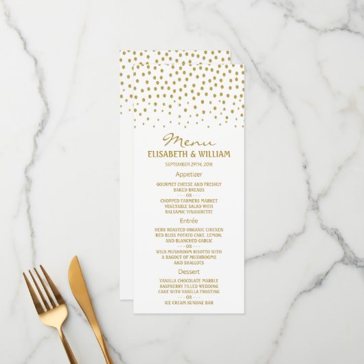 Gold Polka Dot - White & Gold - Weddenschap Menu (Voorkant / Achterkant in situ)