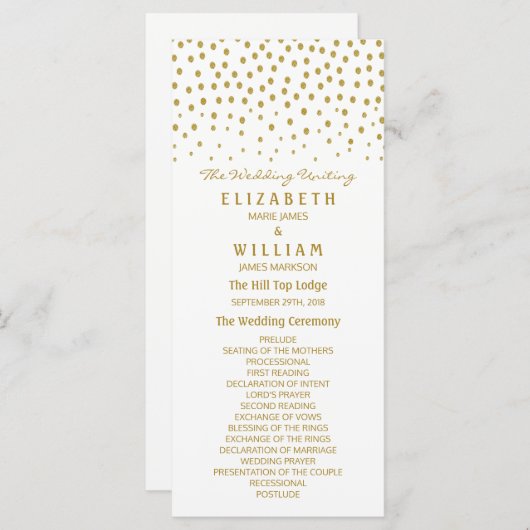 Gold Polka Dot - White & Gold - Wedding Programme Programmakaart (Voorkant / Achterkant)