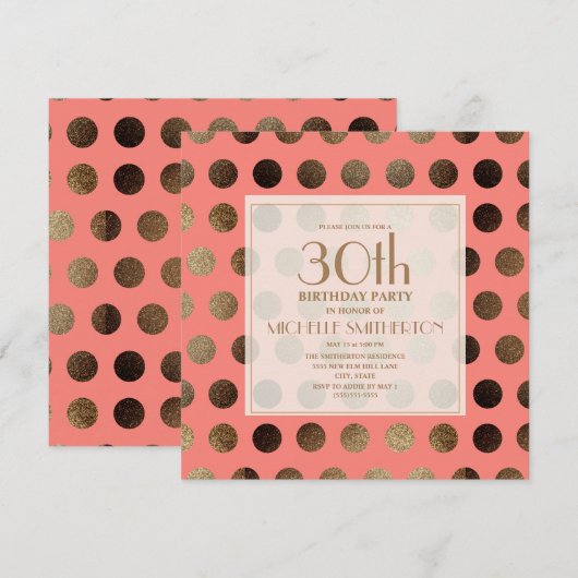 Gold Polka Dots Coral 30th Birthday Kaart (Voorkant / Achterkant)
