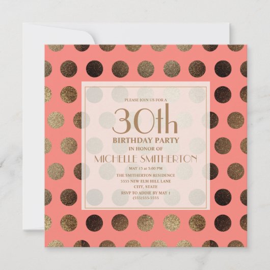 Gold Polka Dots Coral 30th Birthday Kaart (Voorkant)