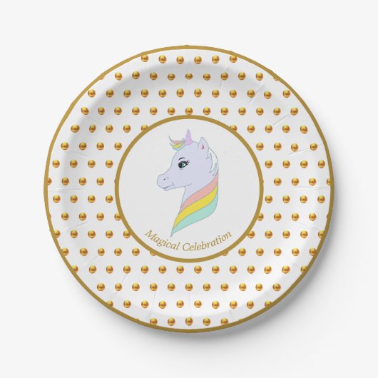Gold Polka Dots en Unicorn Papieren Bordje (Voorkant)