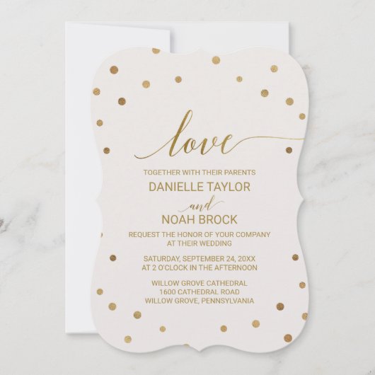 Gold Polka Dots "Love" Wedding Kaart (Voorkant)