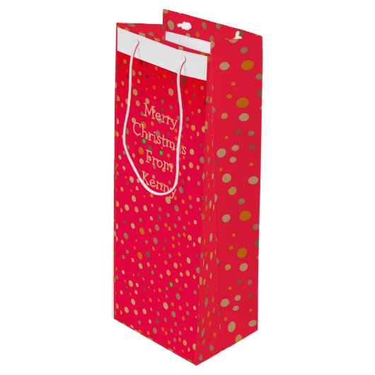 Gold Polka Dots on Red Modern Text Trendy Wijn Cadeautas (Voorkant Gekanteld)