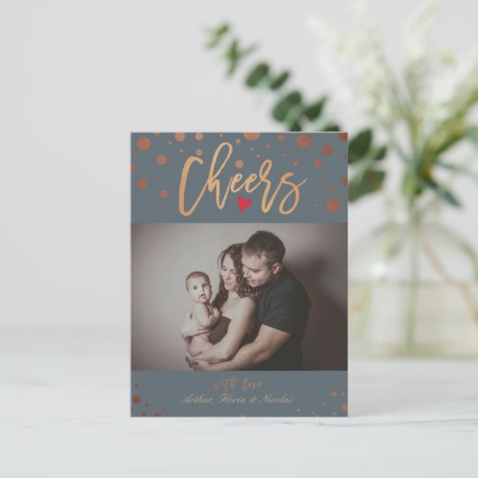 Gold Polka Dots Proost Script Vakantie Familie Fot Feestdagenkaart (Staand voorkant)