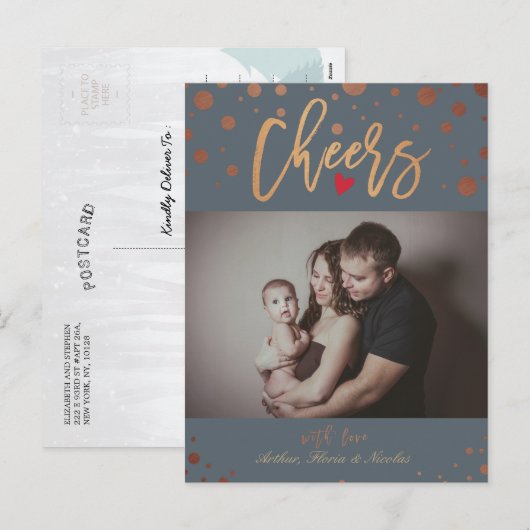 Gold Polka Dots Proost Script Vakantie Familie Fot Feestdagenkaart (Voorkant / Achterkant)