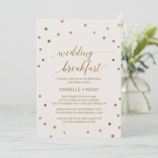Gold Polka Dots Weddenschap Breakfast Kaart (Staand voorkant)