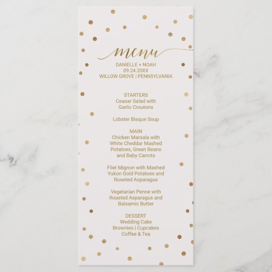 Gold Polka Dots Wedding Menu Kaart (Voorkant)