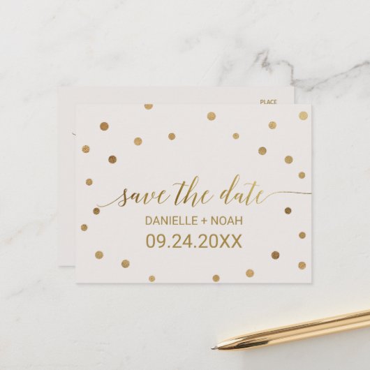 Gold Polka Dots Wedding Save the Date Aankondigingskaart (Voorkant / Achterkant in situ)