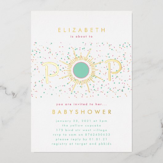 Gold POP Confetti Genderneutrale roze Baby shower Folie Uitnodiging (Voorkant)