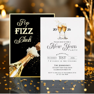 Gold Pop Fizz Clink New Years Eve Party Folie Uitnodiging