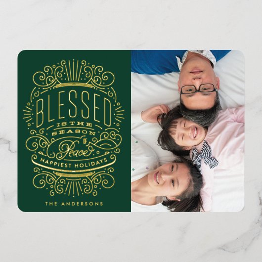 Gold Ppress kerstgratie groene foto Folie Feestdagenkaart (Voorkant)