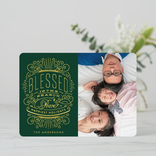 Gold Ppress kerstgratie groene foto Folie Feestdagenkaart (Staand Voorkant)