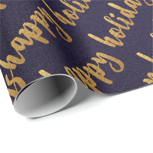 Gold Prettige feestdagen Script Deep Blue Navy Cadeaupapier (Rol Hoek)