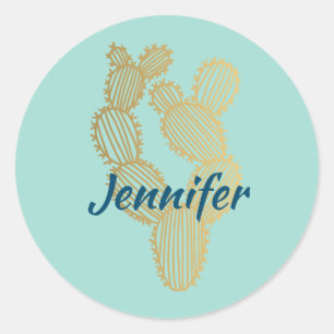Gold Prickly Cactus Doodle-gepersonaliseerd Ronde Sticker