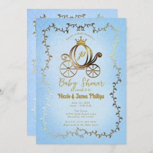 Gold Princess Carriage Blue Storybook Baby shower Kaart