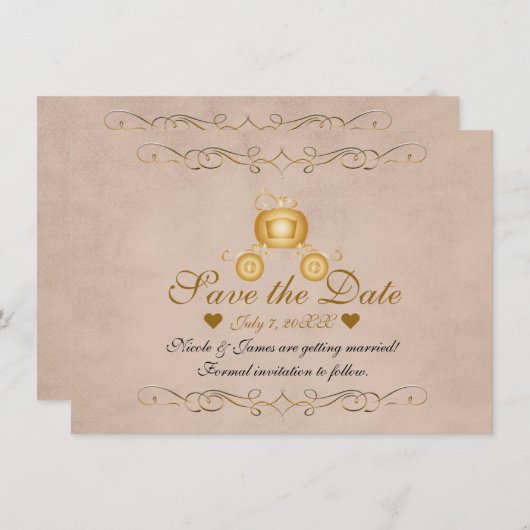 Gold Princess Cinderella Carriage Save the Date Kaart (Voorkant / Achterkant)