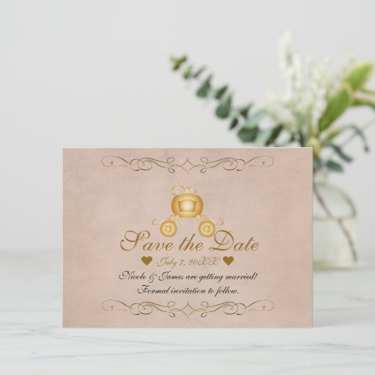 Gold Princess Cinderella Carriage Save the Date Kaart (Staand voorkant)