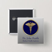 Gold Professional Caduceus Blue Medical Vierkante Button 5,1 Cm (Voorkant /achterkant)