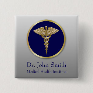 Gold Professional Caduceus Blue Medical Vierkante Button 5,1 Cm