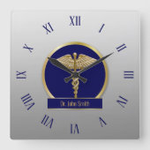 Gold Professional Medical Caduceus Blue Name Vierkante Klok (Voorkant)