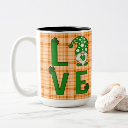 Gold Pset St Patrick's Day LOVE Gnome Shamrock Tweekleurige Koffiemok (Met donut)