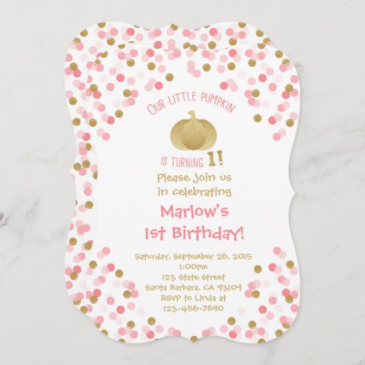 Gold Pumpkin First Birthday Bracket Invitation Kaart (Voorkant / Achterkant)