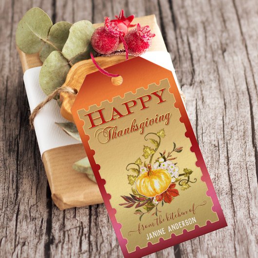 Gold Pumpkin Floral Thanksgiving Gift Label Cadeaulabel
