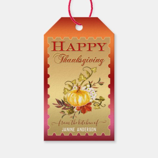 Gold Pumpkin Floral Thanksgiving Gift Label Cadeaulabel (Voorkant)