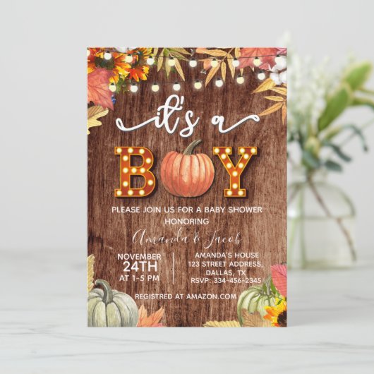 Gold Pumpkin Rustic Het is een Baby shower van een Kaart (Staand voorkant)