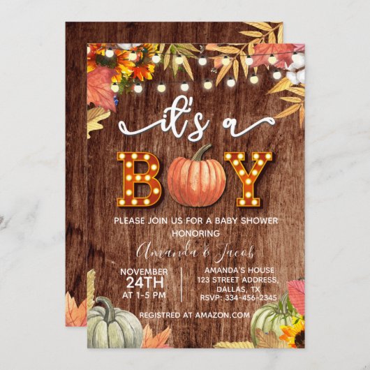 Gold Pumpkin Rustic Het is een Baby shower van een Kaart (Voorkant / Achterkant)