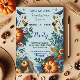 Gold Pumpkins Blue Bird Thanksgiving Dinner Party Kaart