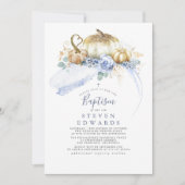 Gold Pumpkins Dusty Blue Floral Herfst Baptisme Kaart (Voorkant)