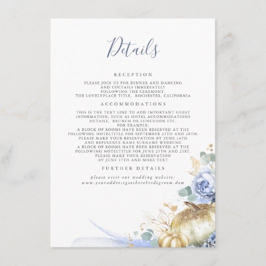 Gold Pumpkins Dusty Blue Floral Wedding Details Informatiekaartje (Voorkant)