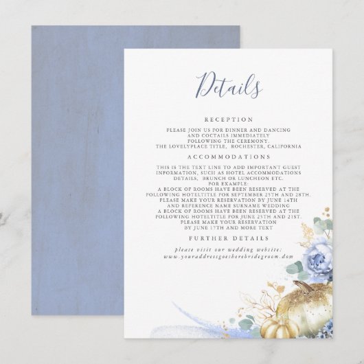 Gold Pumpkins Dusty Blue Floral Wedding Details Informatiekaartje (Voorkant / Achterkant)