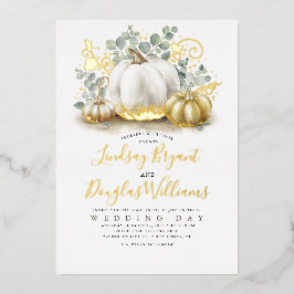 Gold Pumpkins en Eucalyptus Greenery Fall Wedding Folie Uitnodiging