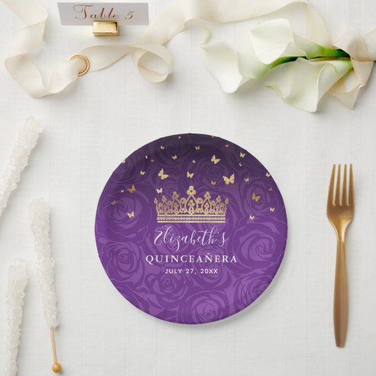 Gold Purple Quinceanera Birthday Party Template Papieren Bordje (Huwelijk)