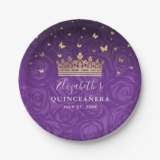 Gold Purple Quinceanera Birthday Party Template Papieren Bordje (Voorkant)