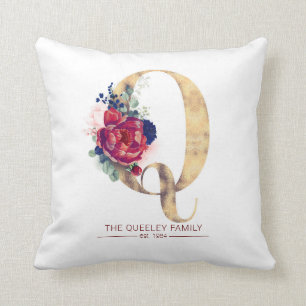 Gold Q Monogram Floral Burgundy Red en Navy Blue Kussen
