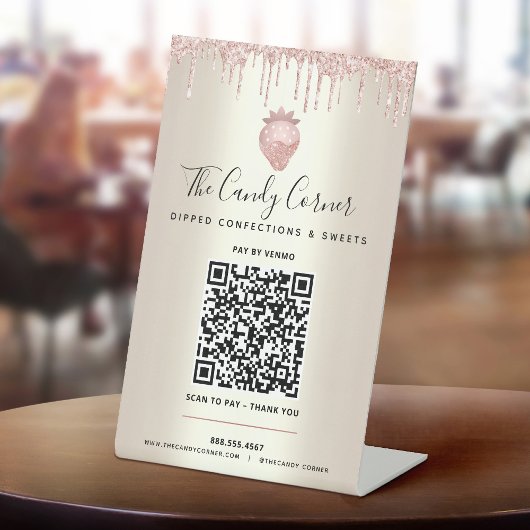 Gold QR-code Betaal hier Roze aardbei Glitter Drip Reclamebord Met Voetstuk