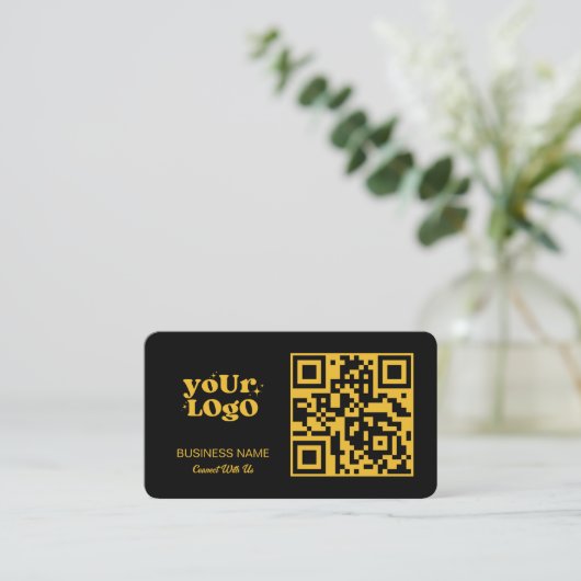 Gold QR Code Business Logo | Black Modern Visitekaartje (Staand voorkant)