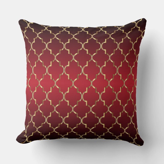 Gold Quatrefoil Patroon op diep rood mengsel Kussen (Voorkant)