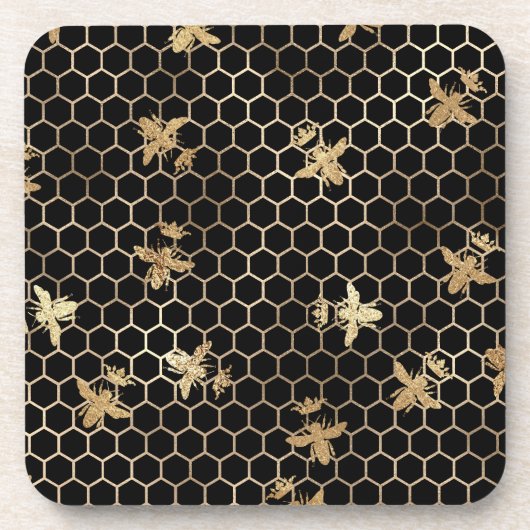 Gold Queen Bees en Honeycomb op Black Bier Onderzetter (Voorkant)