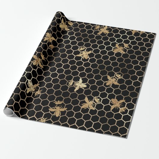 Gold Queen Bees en Honeycomb op Black Cadeaupapier (Uitgerold)